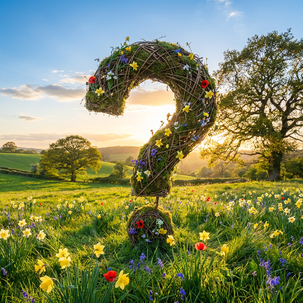 Question mark sculpture made of branches and flowers in a sunny meadow.